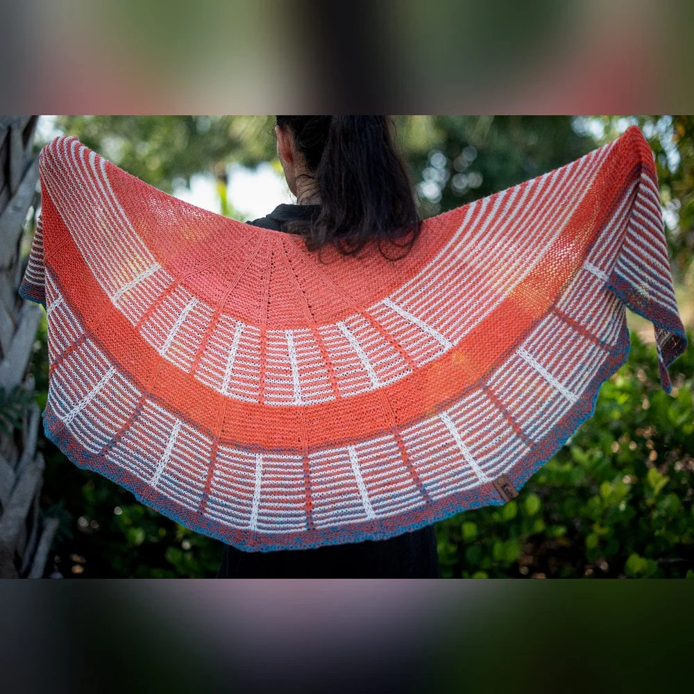 Hand Crafted OOAK Avantgarde Boho Striped Cotton Orange Blue Summer Knit Shawl - Picture 6 of 15